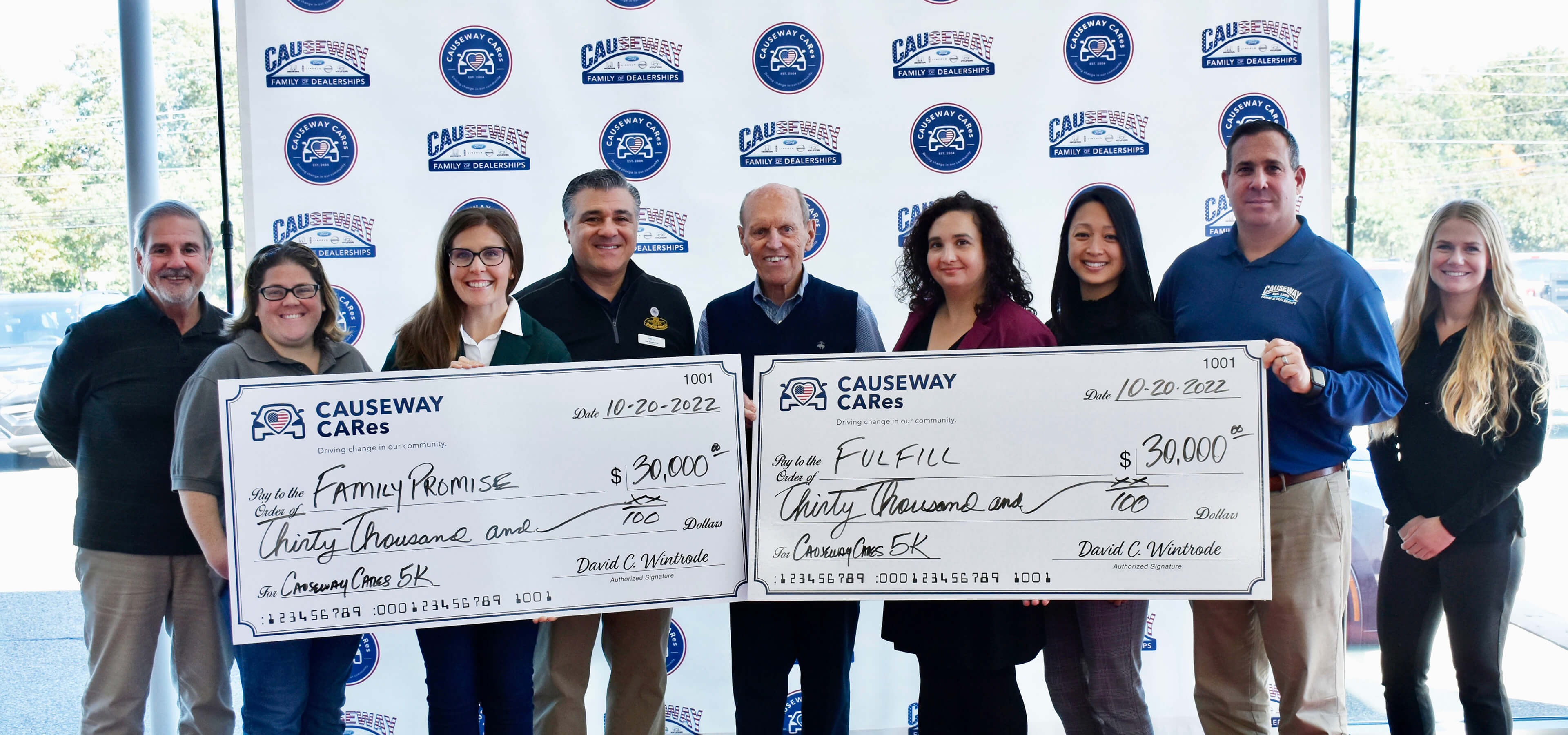 Pictured from left: John Garofalo, Family Promise of Southern Ocean County Board Member; Kellie Piaskowski, Case Manager at Family Promise of Southern Ocean County; Elizabeth Golla, Executive Director of Family Promise of Southern Ocean County; Joe Stroffolino, Race Director/Director of Advertising and Marketing, Causeway Cars/Causeway CARes; David Wintrode, President of Causeway Family of Dealerships/Causeway CARes; Triada Stampas, President and CEO of Fulfill; Jaimee Pignataro, Development/Monetary Donations at Fulfill, Corey Gellis, General Sales Manager of Causeway Cars, and Kaitlyn Strohmeier, Marketing Manager of The Causeway Family of Dealerships.